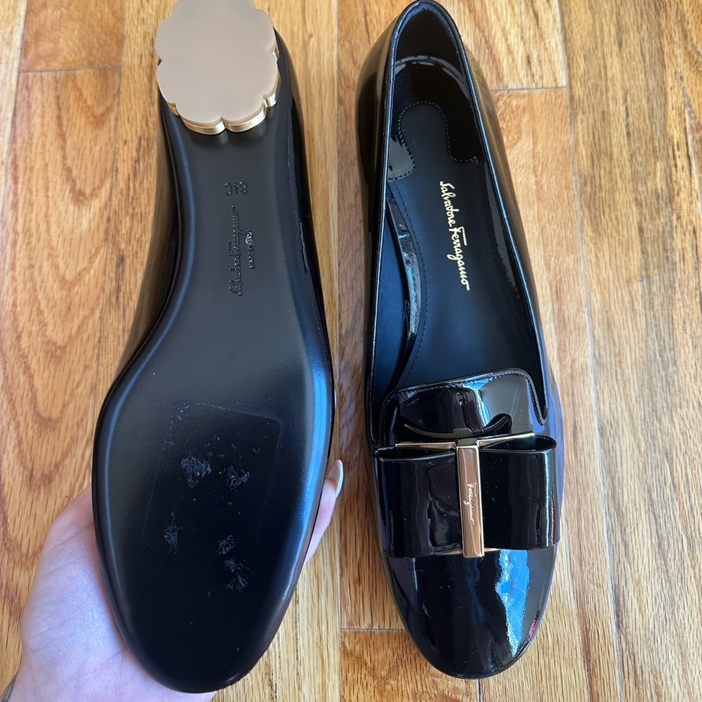 Salvatore Ferragamo Black Patent Leather Loafers with Gold Buckle - Picture 6 of 7